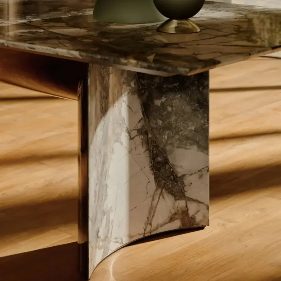 Distinguished Visionnaire Kerwan table with polished marble top and curved stainless steel base crafted with lacquered wood