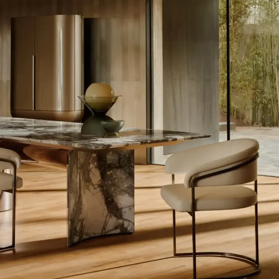 Distinctive Visionnaire Kerwan table with sculpted dark gray and brown veined marble, lacquered wood, and curved polished stainless steel base