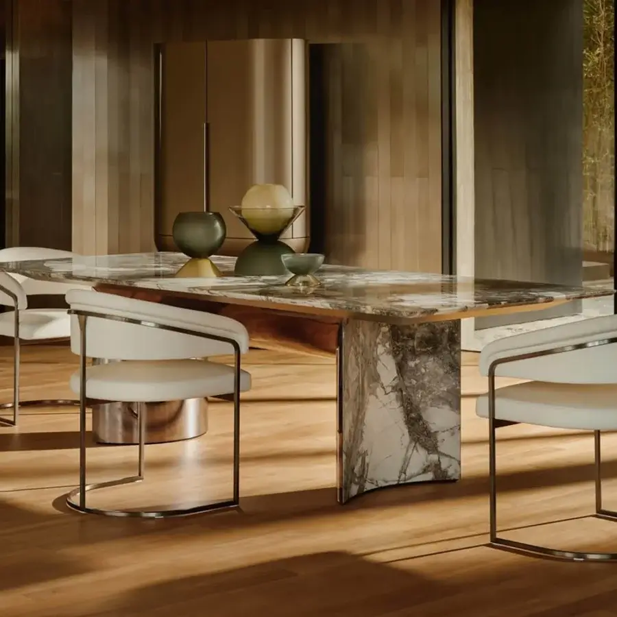 Exceptional Visionnaire Kerwan table with polished grey marble and curved stainless steel supporting sculpted legs