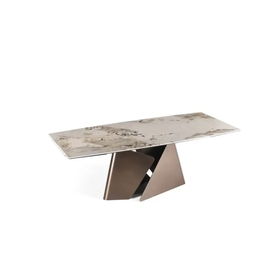 Distinguished Naos Fusion table with ceramic tabletop displaying light grey, beige, and brown veining in matte bronze-toned painted metal