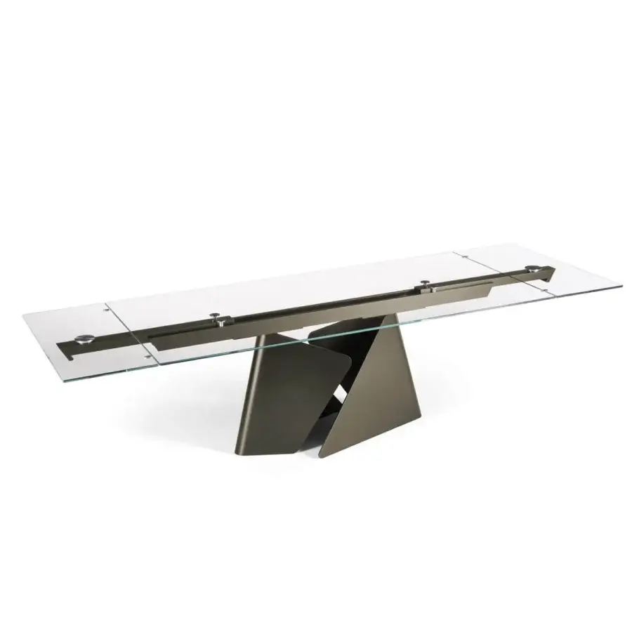 Superior Naos Fusion table with transparent glass top and painted dark gray metal base exhibiting sleek design