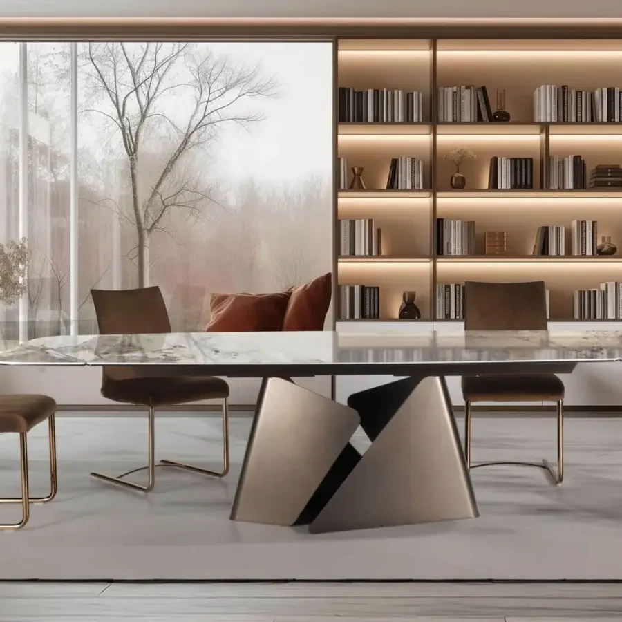 Elegant Naos Fusion table with sculpted dark metallic base and smooth polished grey and white veined glass tabletop