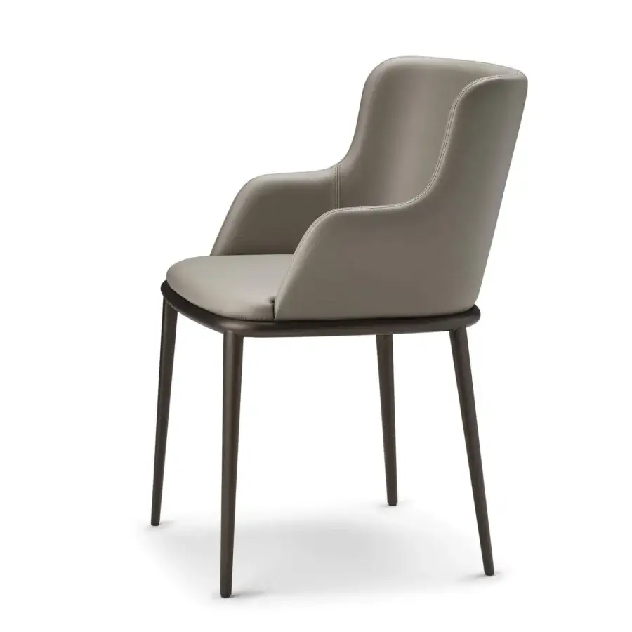 Exceptional Cattelan Italia Magda ML chair with enveloping backrest and dark bronze tapered metal legs in light gray synthetic upholstery