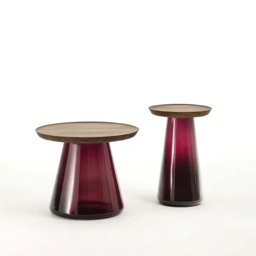 Captivating Porada Jig side table with a gradient blown glass base and satin canaletta walnut tabletop