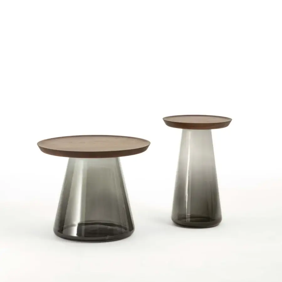 Exceptional Porada Jig side table with warm medium-brown solid canaletta walnut and translucent blown glass crafted in Murano technique with satin finish