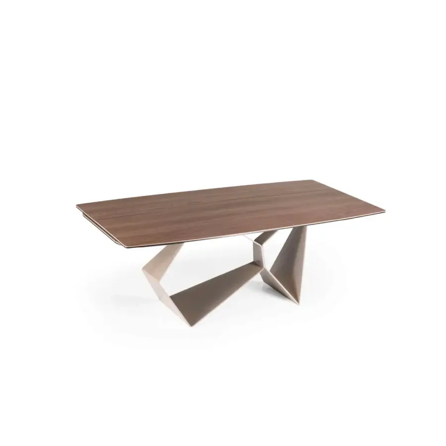 Superior Naos Gravity table with a satin medium-toned brown wood tabletop and sculptural matte bronze metal base