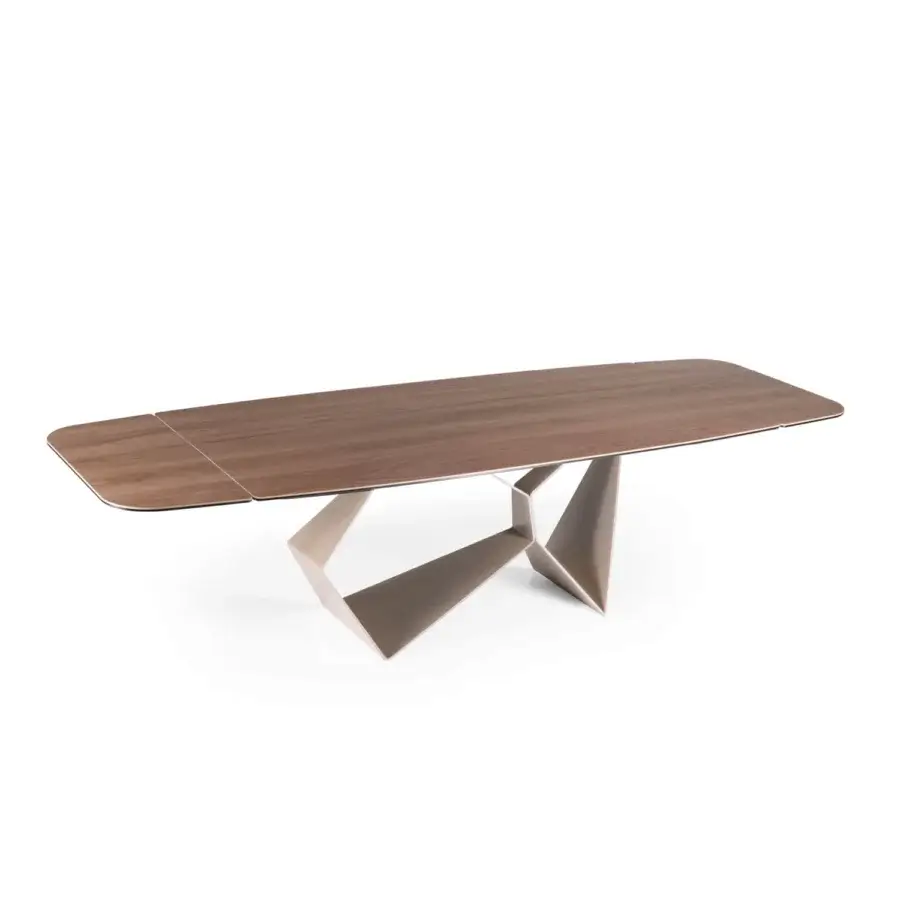 Elegant Naos Gravity table with a satin warm brown wood tabletop and sculpted muted gray painted metal base