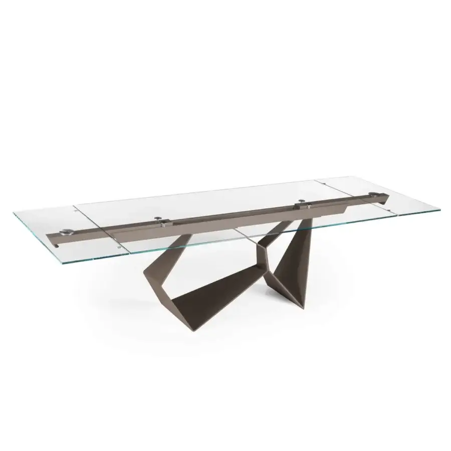 Distinguished Naos Gravity table with transparent glass tabletop and dark gray matte painted metal base crafted in Italy