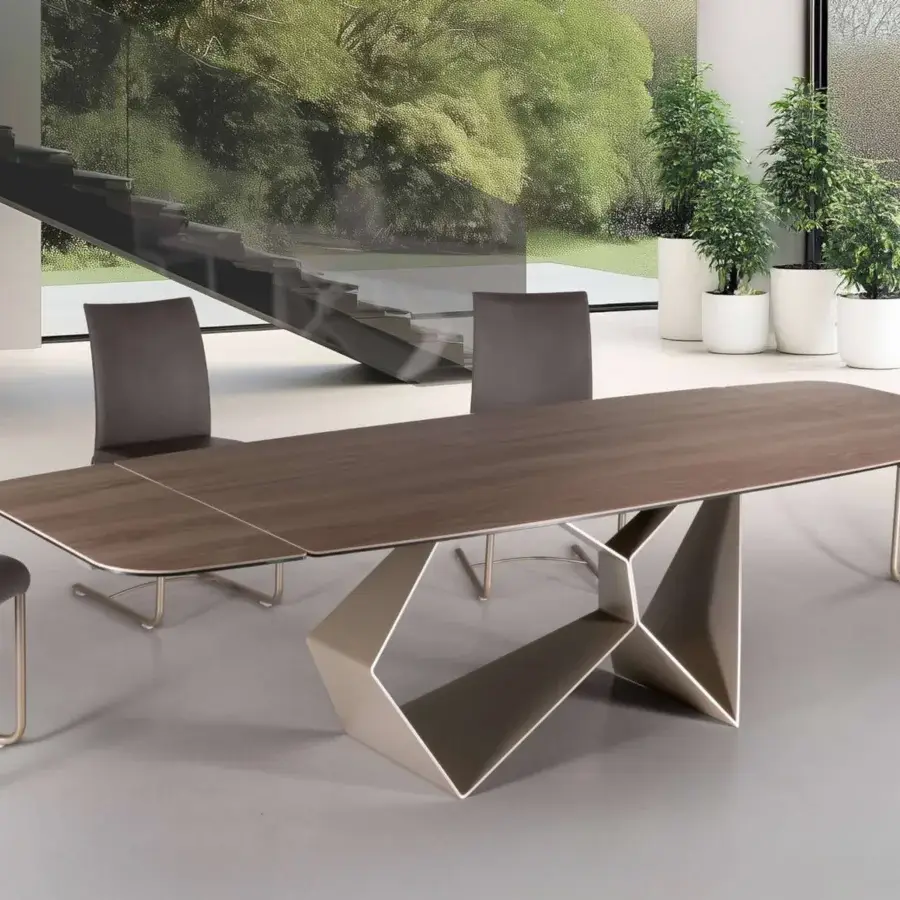 Distinguished Naos Gravity table crafted in Italy with wood tabletop and sculptural bronze tone base, exhibiting a matte finish