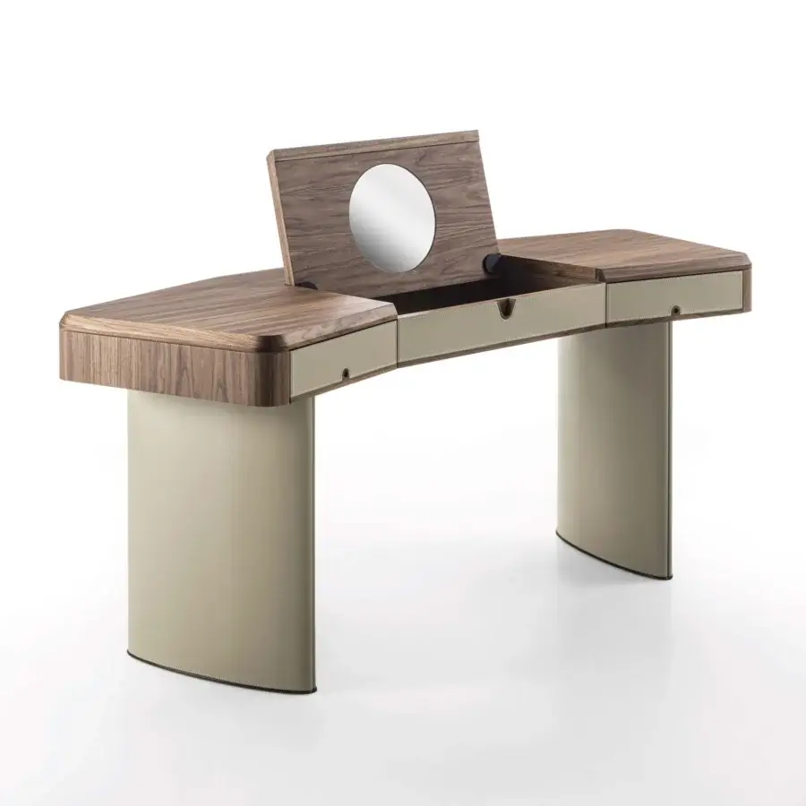 Exceptional Porada Moty vanity desk built with solid canaletta walnut and muted beige leather upholstery with satin sheen finish
