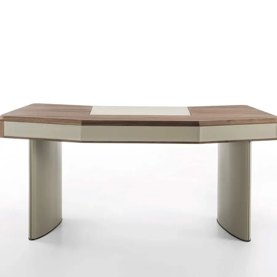Elegant Porada Moty vanity desk built with solid canaletta walnut exhibiting a satin finish and light gray upholstery