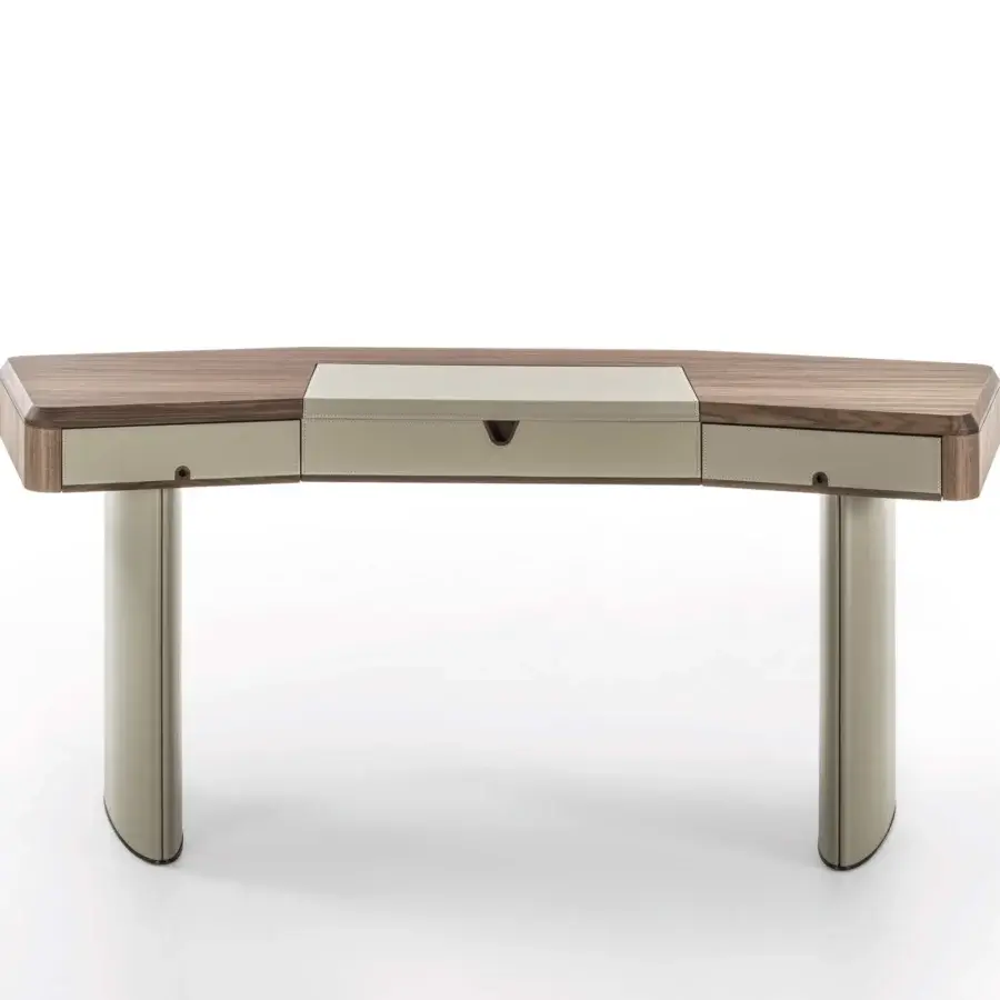 Superior Porada Moty vanity desk built with solid canaletta walnut exhibiting satin finish and muted greyish-bronze metal detailing