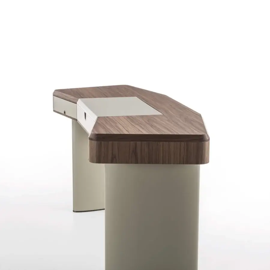 Distinguished Porada Moty vanity desk crafted with solid canaletta walnut and pale olive-green leather exhibiting a glossy finish