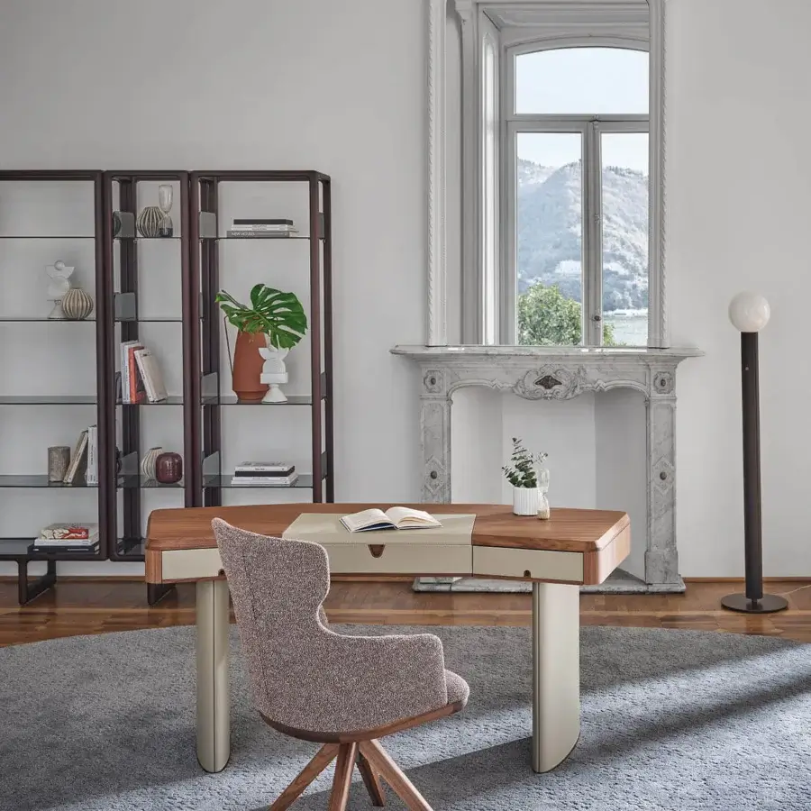 Elegant Porada Moty vanity desk crafted with solid canaletta walnut and fine leather exhibiting a warm wood brown finish