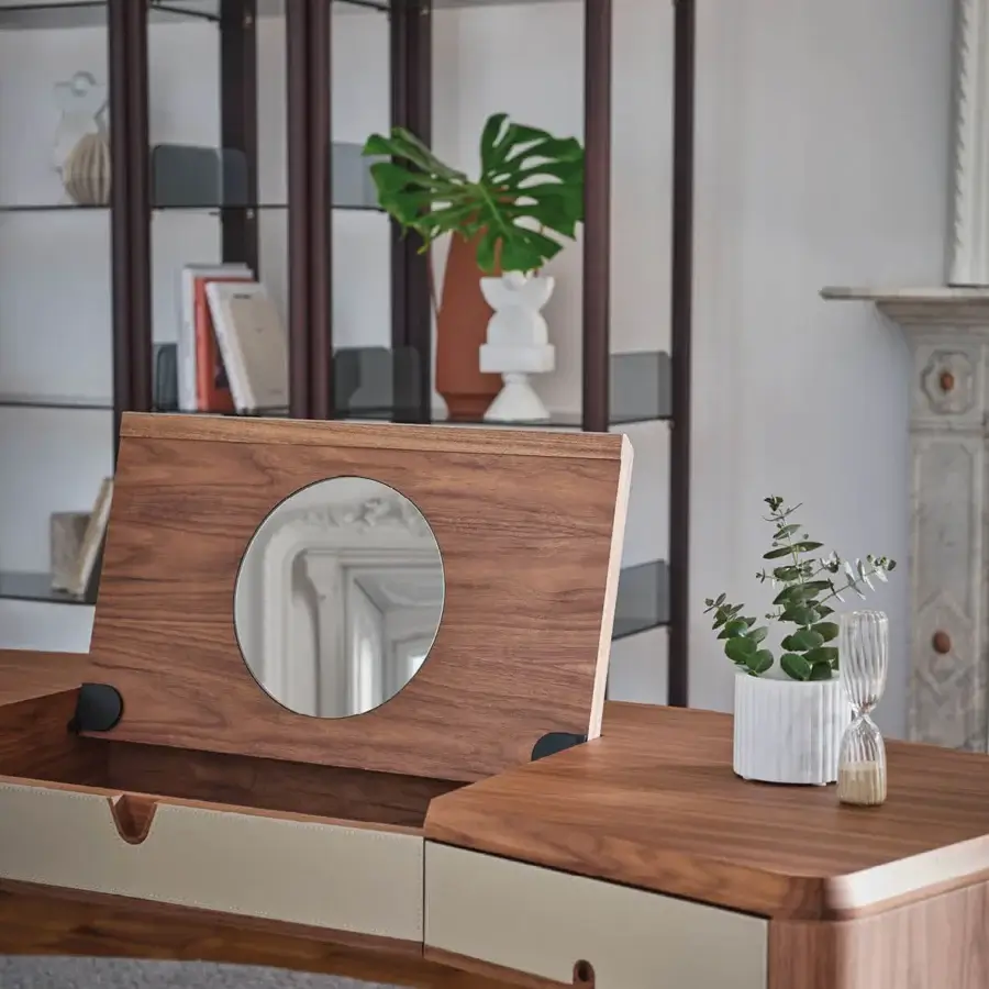 Superior Porada Moty vanity desk crafted with solid canaletta walnut exhibiting satin finish and cream leather detailing