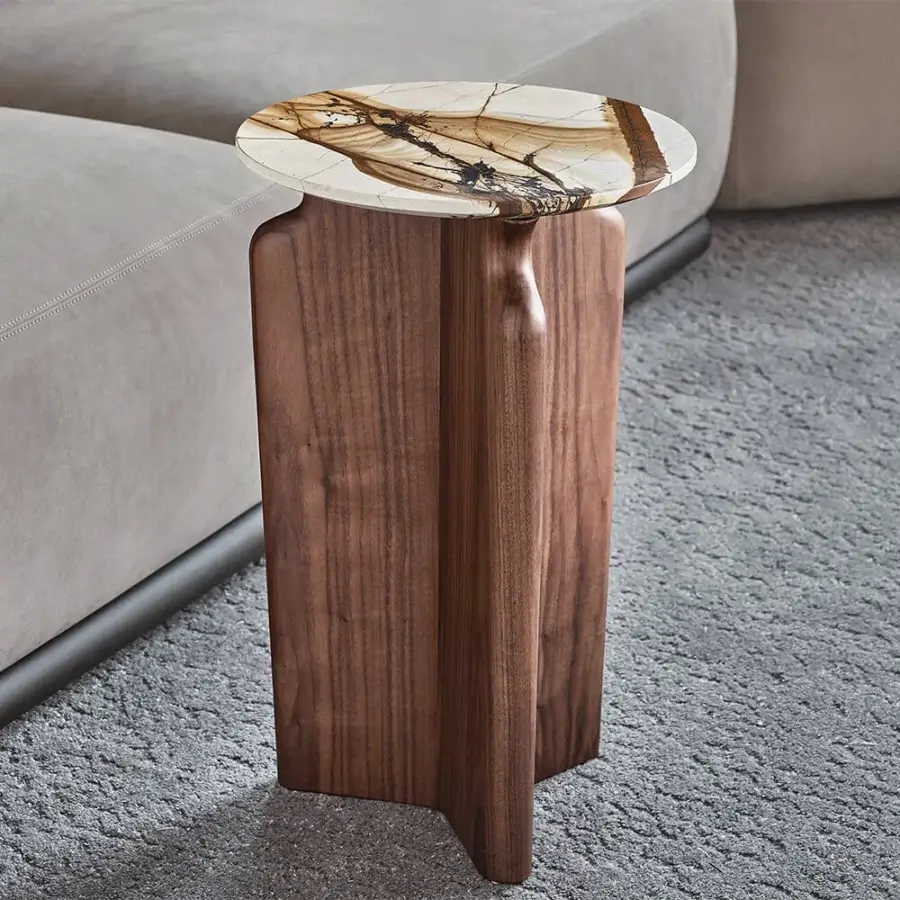 Distinguished Porada Podi side table with organically shaped canaletta walnut base and warm amber marble top in satin finish