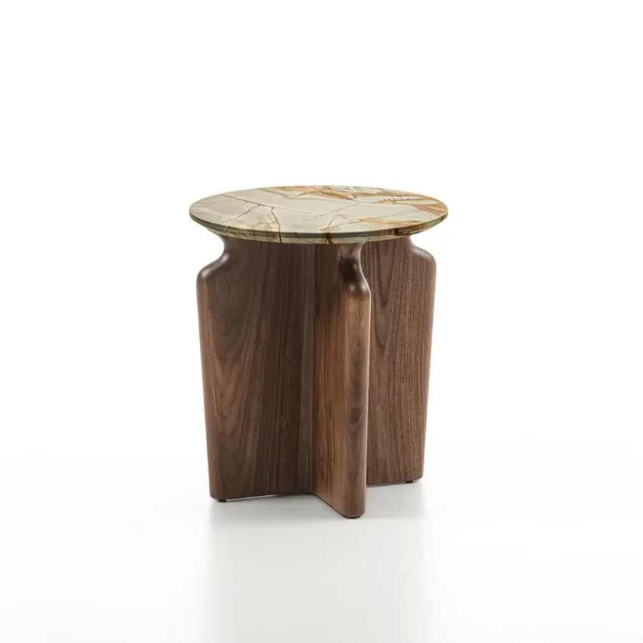 Distinguished Porada Podi side table with sculpted canaletta walnut base and refined marble top in grey, green, and beige tones with satin finish