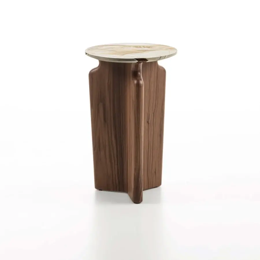 Superior Porada Podi side table with sculpted canaletta walnut base and striking marble top in satin finish
