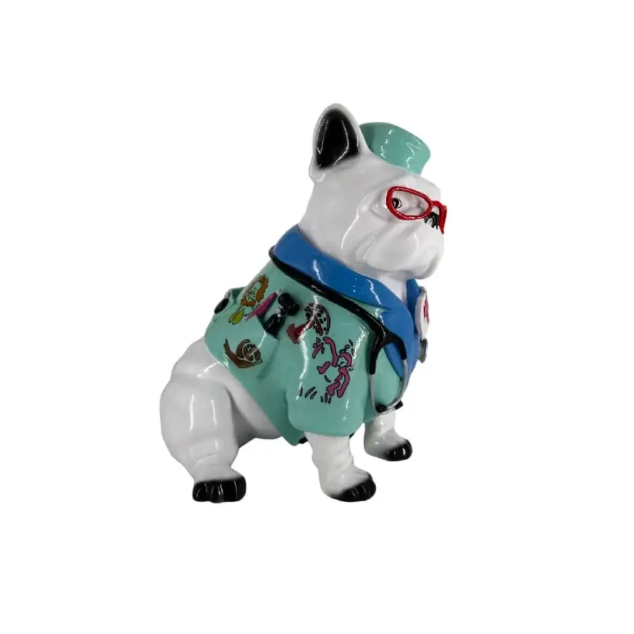 Superior Juliarte Bulldog Parade sculpture handcrafted in stone powder and fiberglass with glossy white ceramic and teal painted details