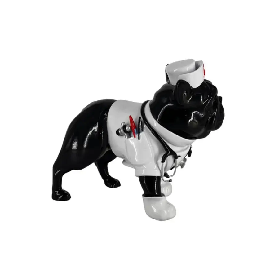 Distinguished Juliarte Bulldog Parade sculpture crafted in stone powder and fiberglass with glossy black and white plus red medical detailing