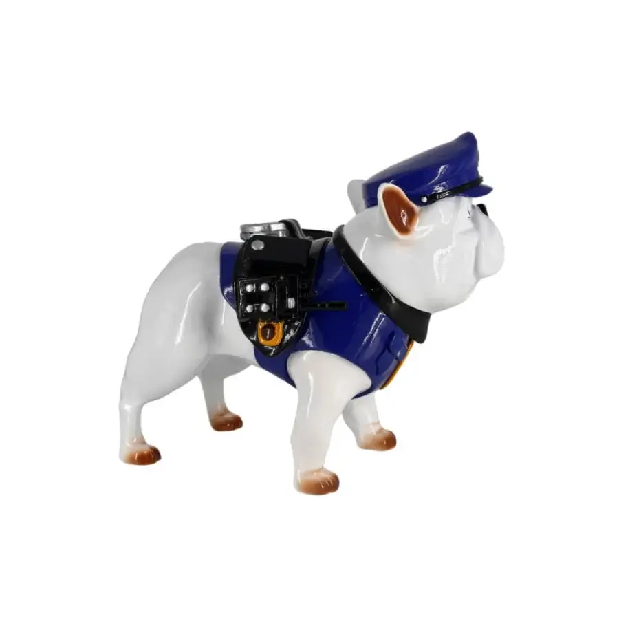 Luxury Juliarte Bulldog Parade sculpture handcrafted in composite with glossy white and dark blue uniform accents