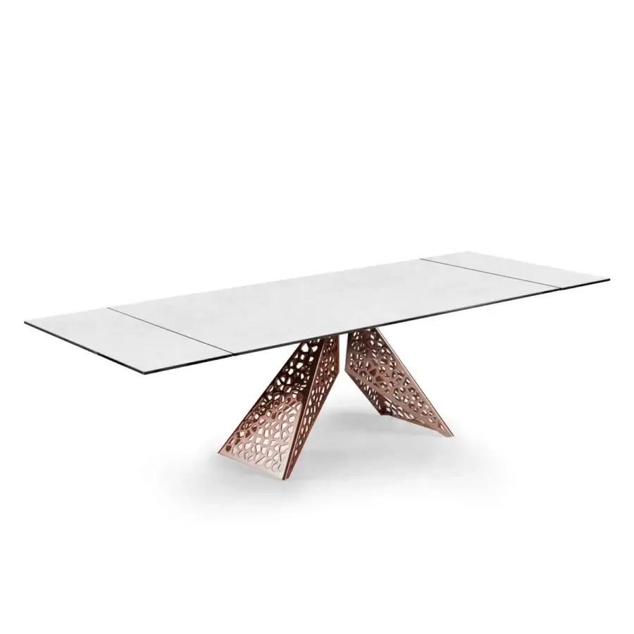 Elegant Naos Coliseum table with transparent glass tabletop and reddish-brown sculpted metal base finished with satin sheen