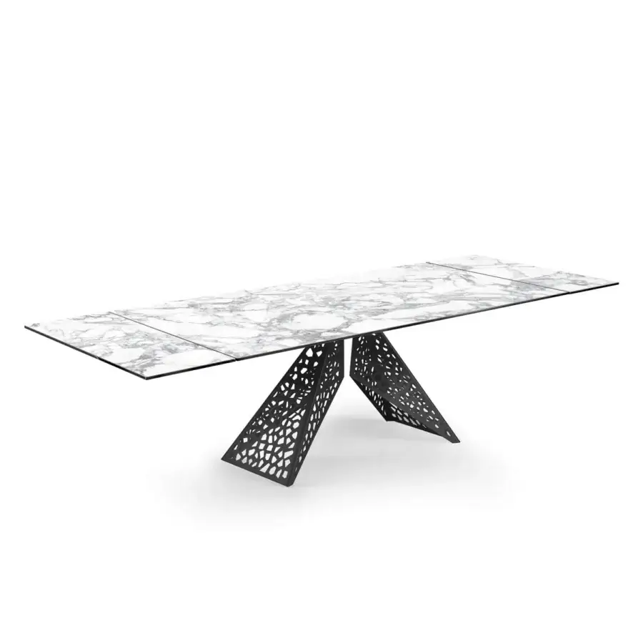 Distinguished Naos Coliseum table with grey and white marbled ceramic tabletop and matte dark metal A-shaped bases crafted in Italy