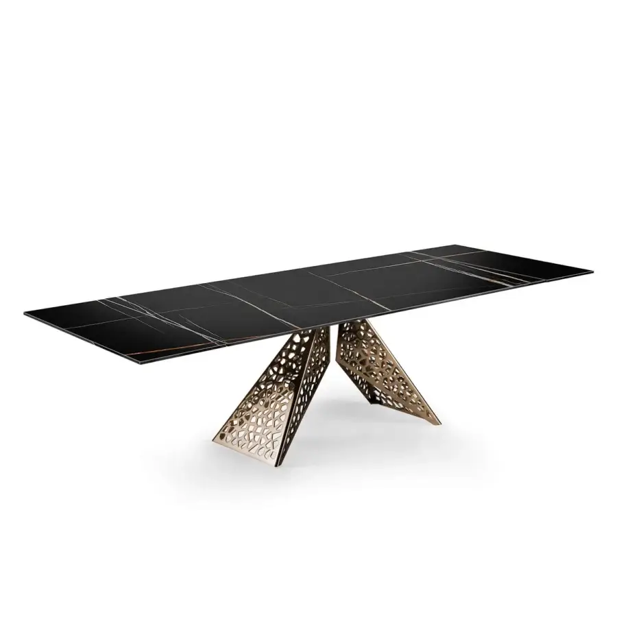 Exceptional Naos Coliseum table with sculpted golden-toned metal base and refined ceramic tabletop exhibiting subtle grey veining