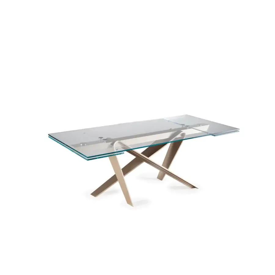 Refined Naos double extendable dining table with turquoise-edged glass tabletop and satin-finish light wood base