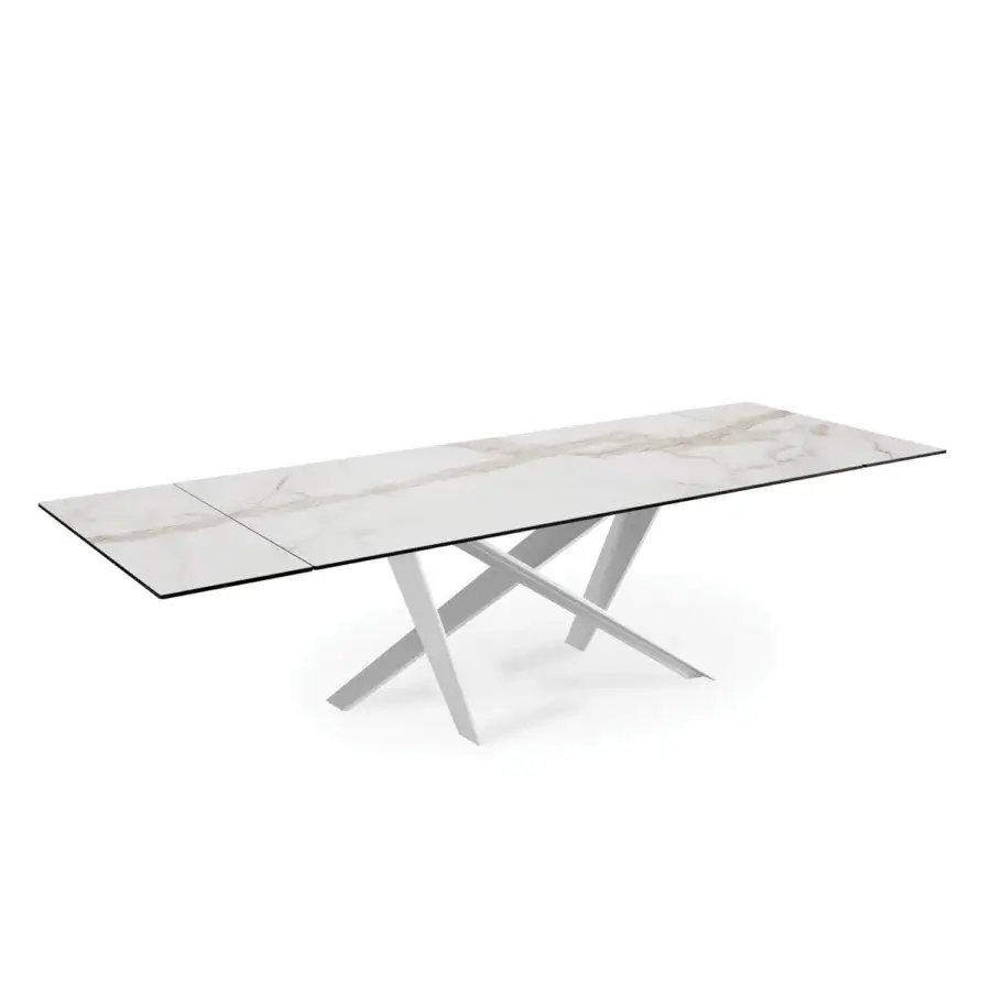 Elegant Naos double extendable dining table with white marble-like ceramic tabletop and matte white painted metal base