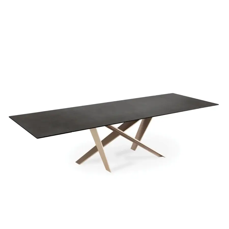 Superior Naos double extendable dining table with matte charcoal gray glass tabletop and brushed gold-toned painted metal base