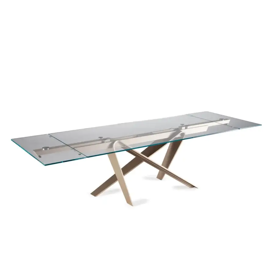 Refined Naos double extendable dining table with sleek glass tabletop and satin beige painted metal base
