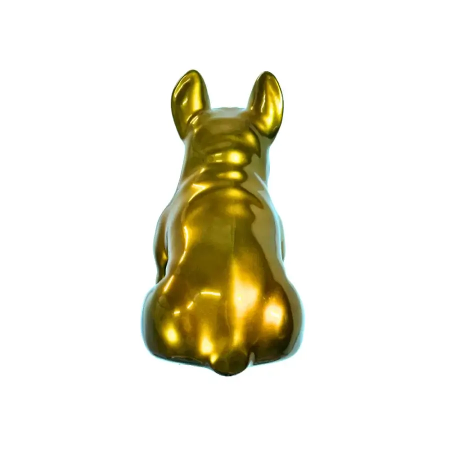 Exceptional Juliarte Seated Bulldog sculpture crafted with stone powder and fiberglass in highly reflective gold chrome finish