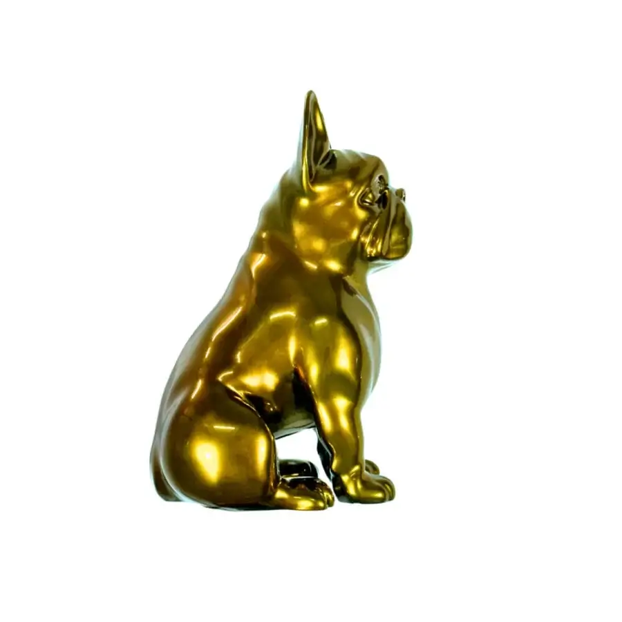 Lavish Juliarte Seated Bulldog sculpture crafted with stone powder and fiberglass in bright gold chrome finish