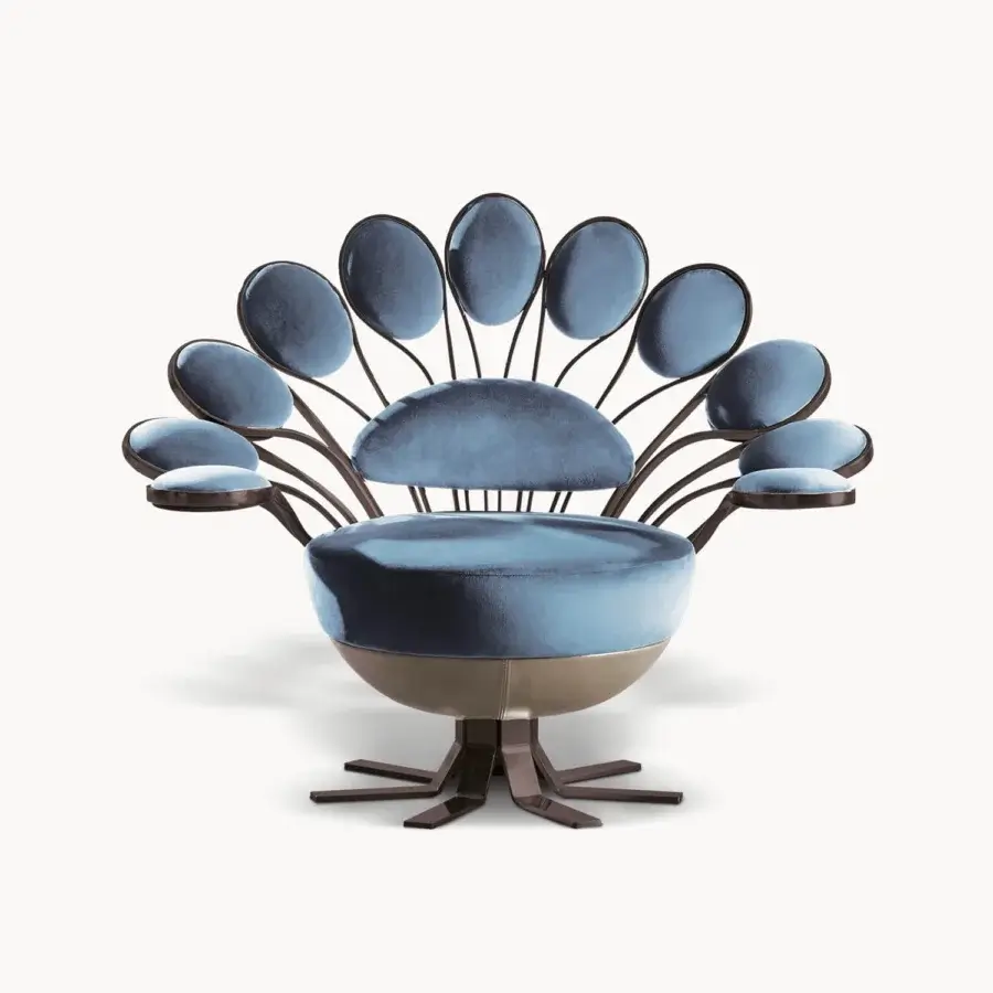 Distinguished Visionnaire Pavone Outdoor lounge chair with radial curved aluminum, dusty blue velvet upholstery and rotating leather base