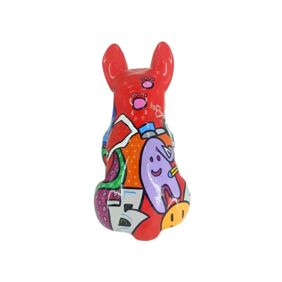 Superior Juliarte Seated Bulldog-Monkey Grinch sculpture in vibrant red stone powder and fiberglass with a smooth finish