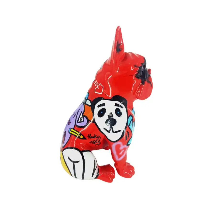 Distinguished Juliarte Seated Bulldog-Monkey Grinch sculpture crafted in glossy red stone powder and fiberglass with pop art designs