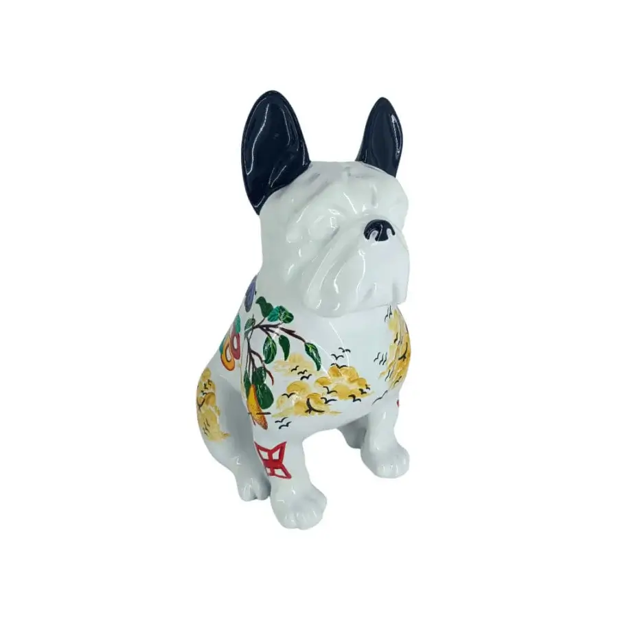 Distinguished Juliarte Seated Bulldog sculpture hand-painted with floral designs in stone powder and fiberglass with glossy finish