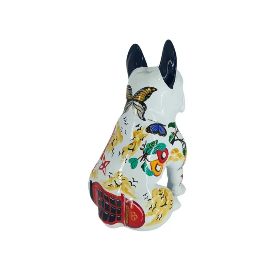 Luxury Juliarte Seated Bulldog sculpture hand-painted with butterfly motifs in stone powder and fiberglass with glossy finish