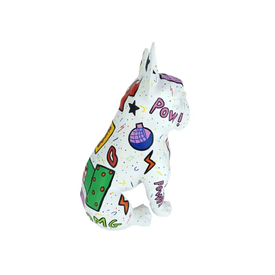 Distinguished Juliarte Seated Bulldog sculpture hand-painted with vibrant pop art in stone powder and fiberglass with glossy finish