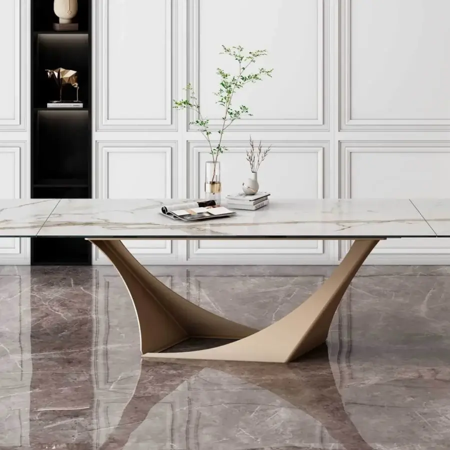 Elegant Naos Efesto table with white ceramic tabletop and painted metal base in a subtle chromatic contrast