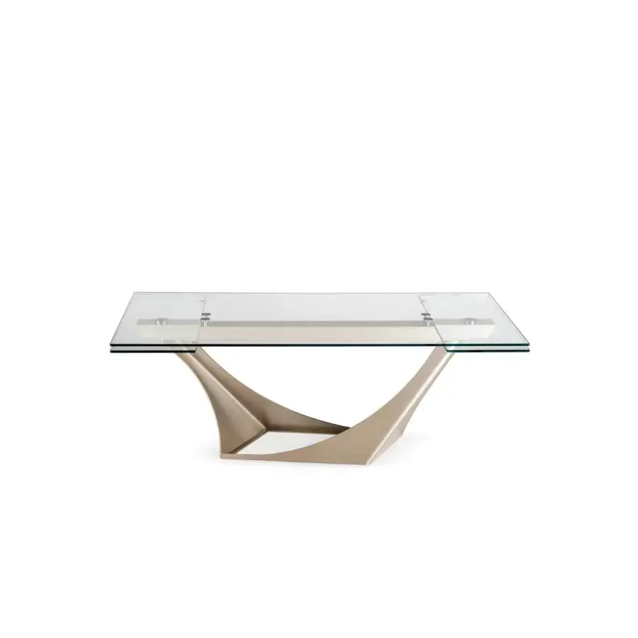 Superior Naos Efesto table with transparent glass tabletop and painted metal base exhibiting angular lines
