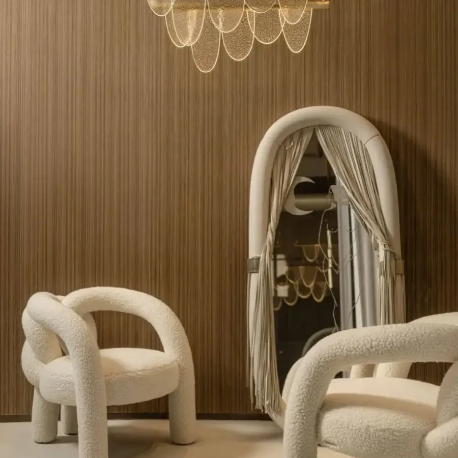 Distinguished Visionnaire Shibari lounge chair with fully padded frame and creamy recycled PET “Paddington” fabric upholstery