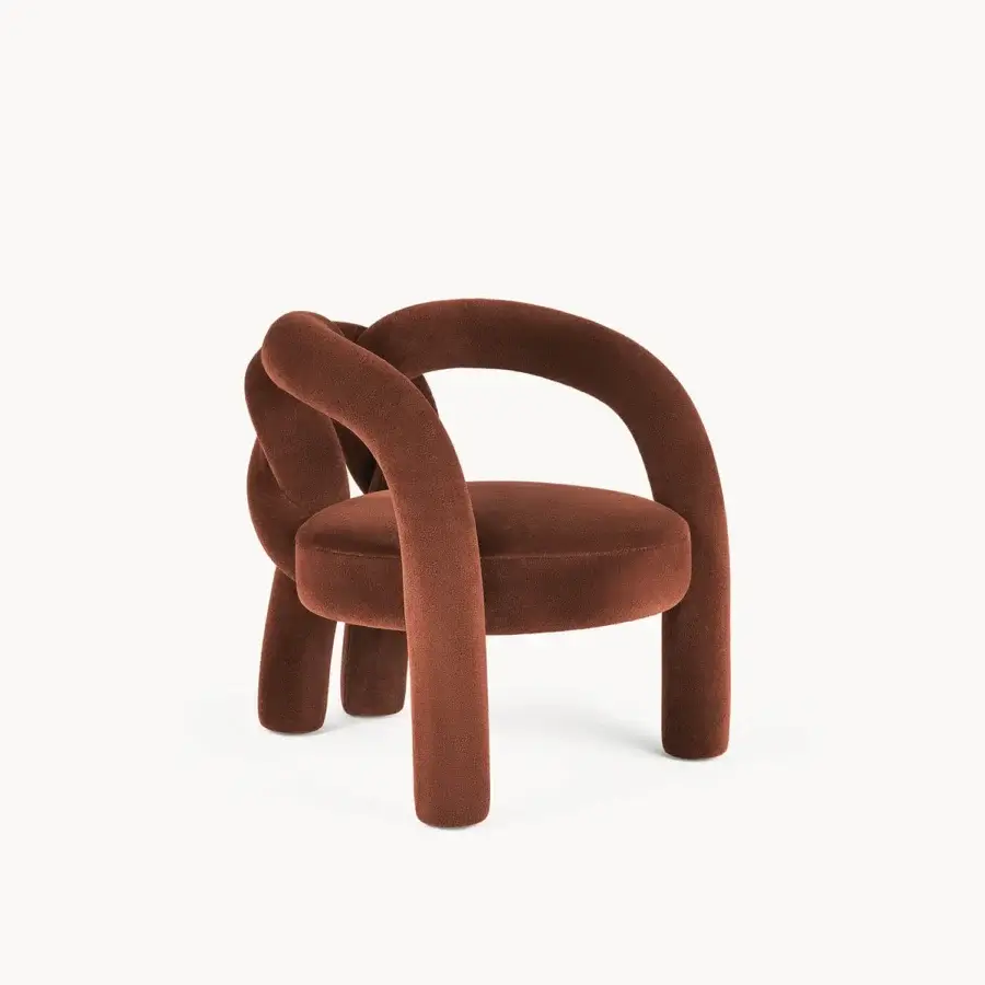 Exceptional Visionnaire Shibari lounge chair with curved metal frame upholstered in earthy brown recycled PET fabric