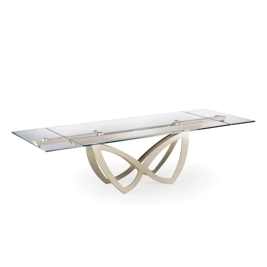 Distinguished Naos Par Par table with interwoven light-colored metal base and clear glass top in satin finish