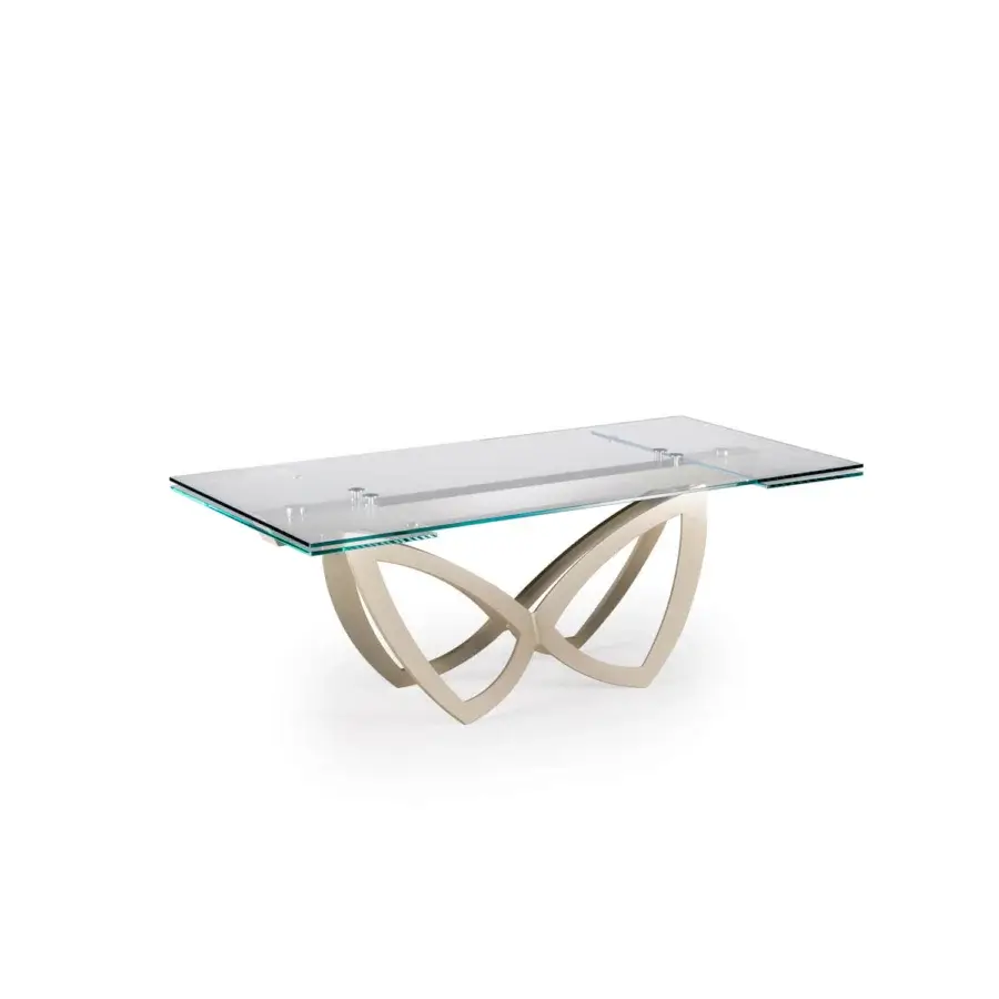 Superior Naos Par Par table crafted with a smooth glass tabletop and sculptural satin-finish metal base with interwoven curves
