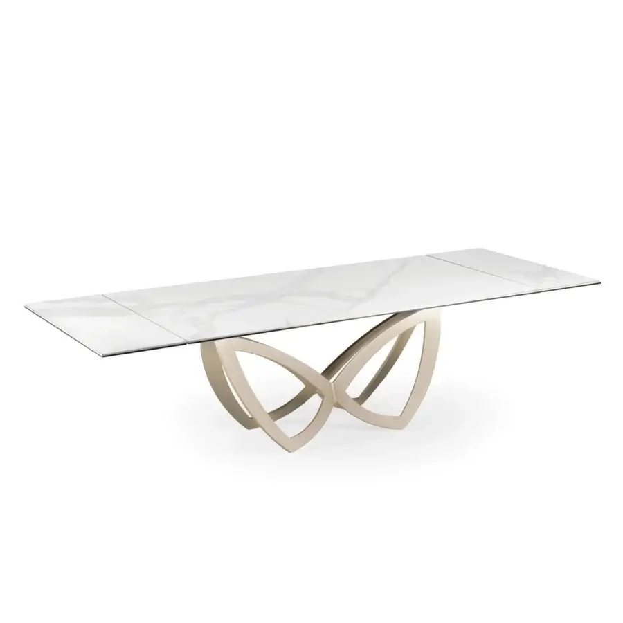 Elegant Naos Par Par table with ceramic tabletop displaying white and grey veining, supported by a satin sheen light gold-toned metal base