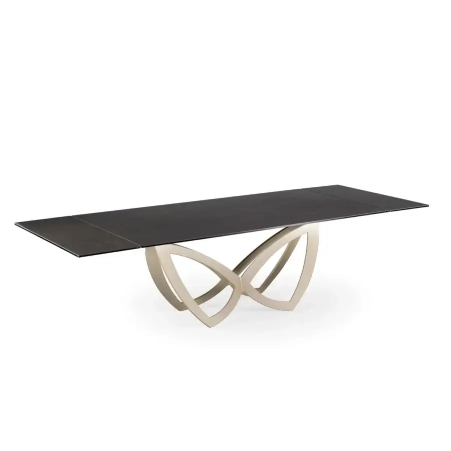 Exceptional Naos Par Par table crafted in Italy with a dark wood tabletop and curved satin-finish metal base