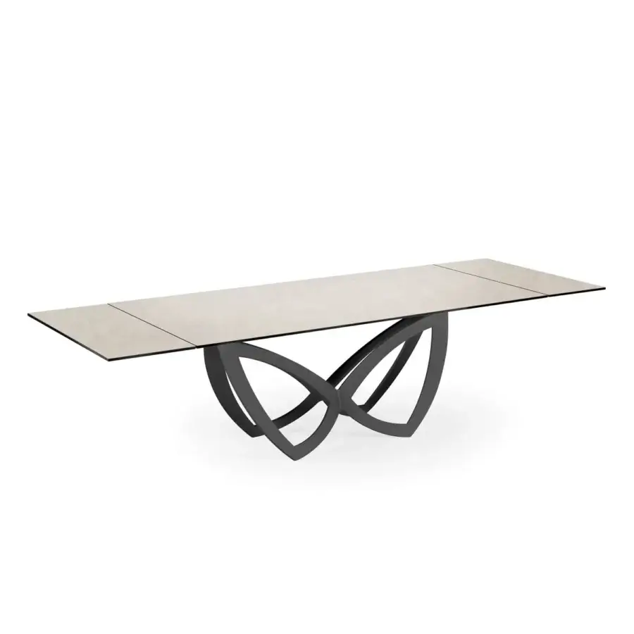 Distinguished Naos Par Par table crafted in Italy with a light grey glass tabletop and dark grey metal butterfly base