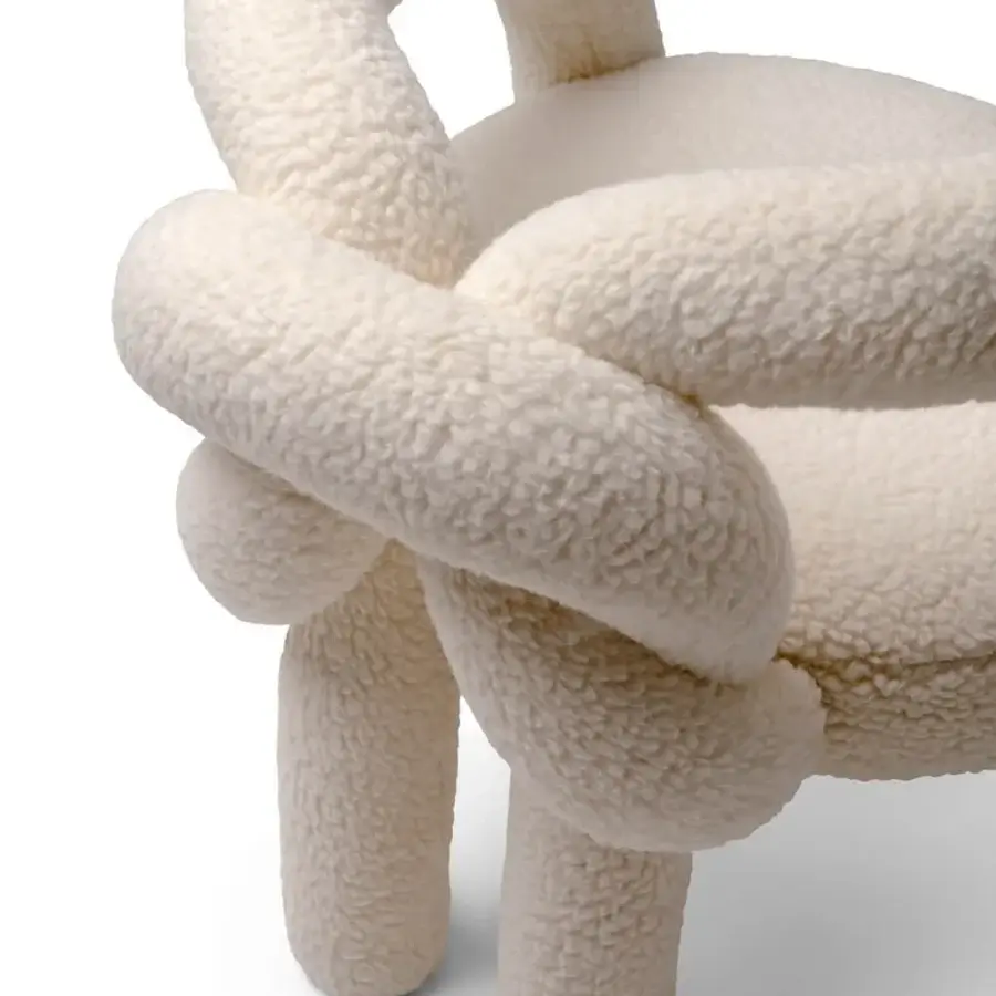Innovative Visionnaire Shibari lounge chair with interwoven design in textured creamy off-white recycled PET fabric and powder-coated frame
